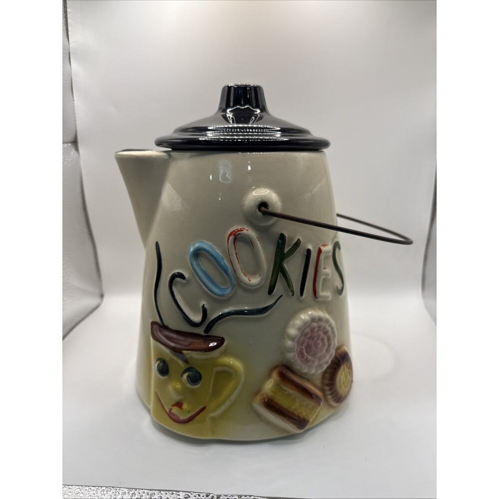 Vintage 1950’s American Bisque Handled Coffee Pot Tea Kettle Cookie Jar 8625